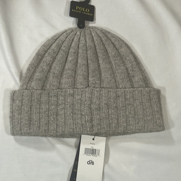 Polo Ralph Lauren Men's Light Grey/Navy Pony Wool Blend Logo Ribbed Cuff Beanie - Picture 3 of 3